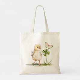 Bolso De Tela Pollito en acuarela con trébol de cuatro hojas 