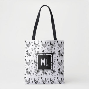 Bolso De Tela Pollitos de dibujos animados en blanco y negro con