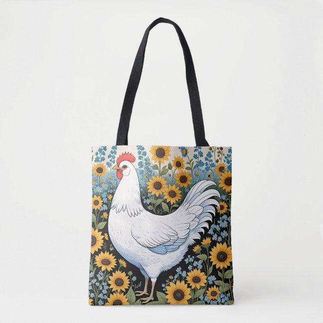 Bolso De Tela Pollo blanco y girasoles (Anverso)