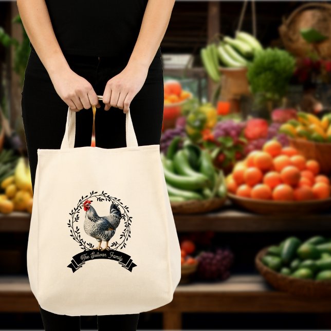 Bolso De Tela Pollo rústico de gallo (Rustic Country Rooster Chicken Black and White  Farm Family Name Grocery Tote Bag)