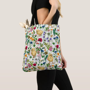 Bolso De Tela Pollos y flores silvestres en blanco roto