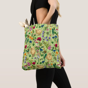 Bolso De Tela Pollos y flores silvestres en verde rocío de miel