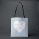 Bolso De Tela Polvoriento corazón azul y escritura madre del nov<br><div class="desc">Cute La madre personalizada de la bolsa de tote del novio tiene forma de corazón,  escritura moderna,  y nombre personalizado en color editable color azul polvoriento,  grandes regalos de fiesta de boda.</div>