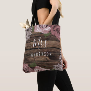 Bolso De Tela Polvoriento Rosa Rosas Mauve Rústica de la madera