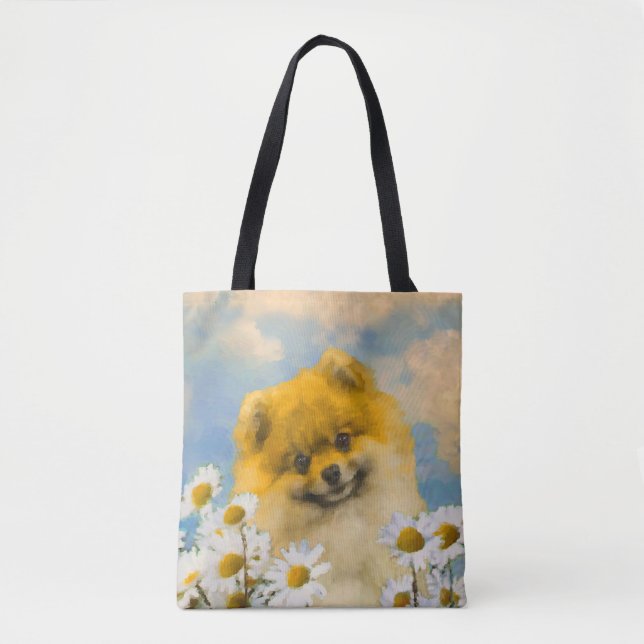 Bolso De Tela Pomerania en pintura de Daisies - Arte de perro or (Anverso)