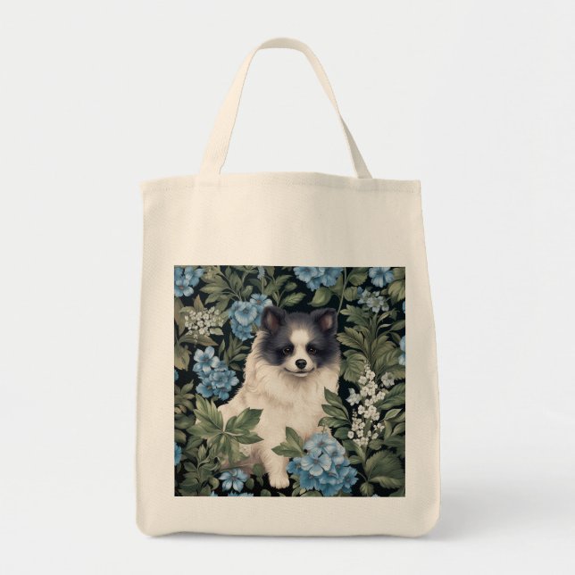 Bolso De Tela Pomerania negra y blanca con hidrangeas (Frente)