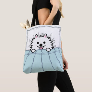 Bolso De Tela Pomerano blanco lindo en cama