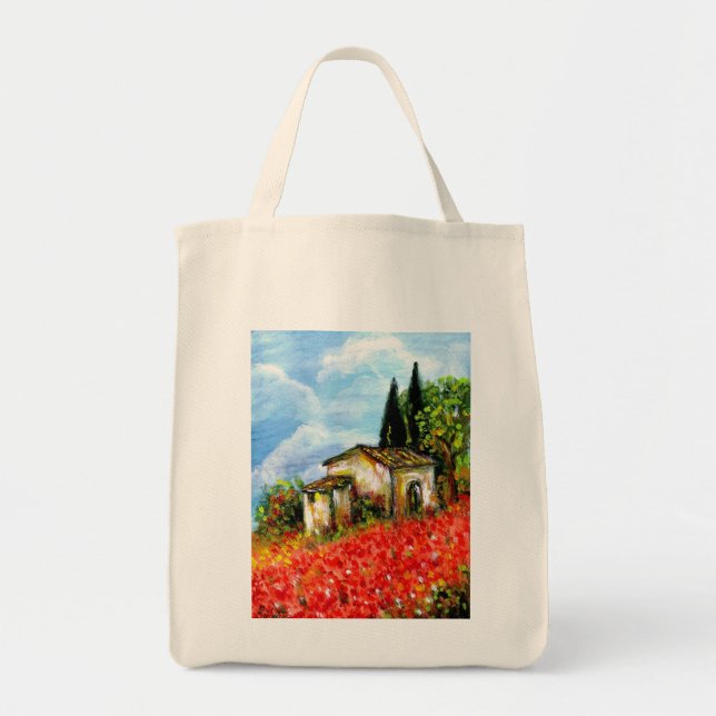 Bolso De Tela POPPIES TUSCANY LANDSCAPE Campos de flores rojas (Frente)