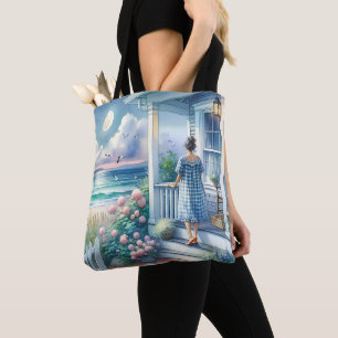 Bolso De Tela Porche de cabaña iluminado por la luna junto al ma