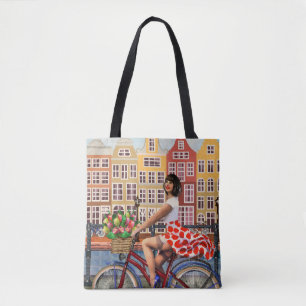 Bolso De Tela Poster de Amsterdam: Ciclismo Chica Pin-Up.