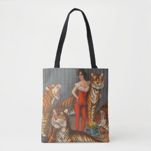 Bolso De Tela Poster De Circo Vintage De Mujer Con Seis Tigres.