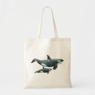 Bolso De Tela Póster de orca ballena madre y bebé en acuarela