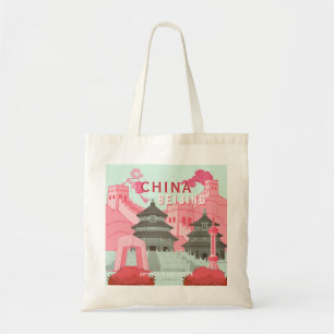 Bolso De Tela Póster de viaje a Pekín, China Arte verde menta,