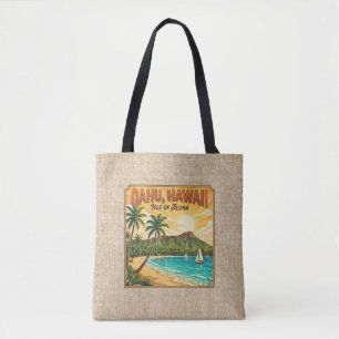 Bolso De Tela Pósters de viaje vintage de Hawái - Oahu reversibl