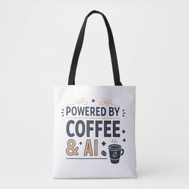 Bolso De Tela Powered by Coffee & AI Retro Tech Vector (Anverso)