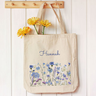 Bolso De Tela Pradera de flores silvestres acuarela azul monogra