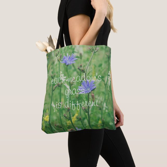 Bolso De Tela Pradera verde de verano con flores azules (Detalle)