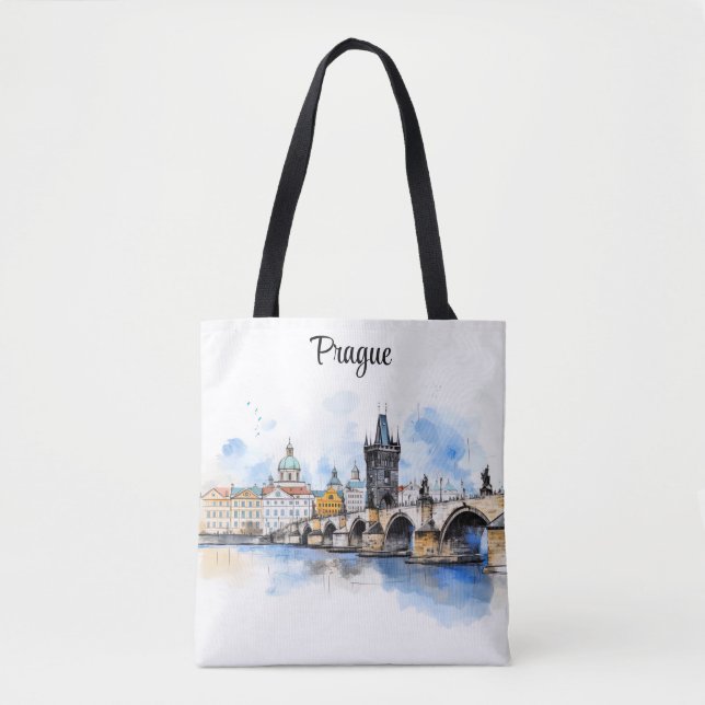Bolso De Tela Praga antigua, acuarela del puente de Carlos (Anverso)