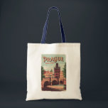 Bolso De Tela Praga República Checa Vintage<br><div class="desc">Diseño de viaje vectorial retro de Praga. Praga,  capital de la República Checa,  está dividida por el río Vltava. Llamada "la ciudad de las cien arañas",  es conocida por su Plaza del Casco Antiguo.</div>
