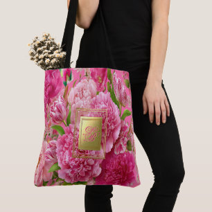 Bolso De Tela Precioso Monograma Floral Rosa y Verde de Jardín 