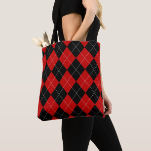 Bolso De Tela Preppy Argyle Tartán Diamond Plantado Rojo Negro