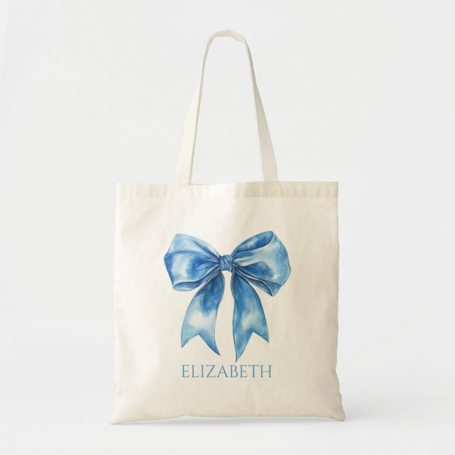 Bolso De Tela Preppy Blue and White Bow Personalized (Frente)