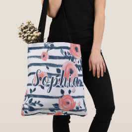 Bolso De Tela Preppy Melocotón Rosa Floral Raya Marina Personali