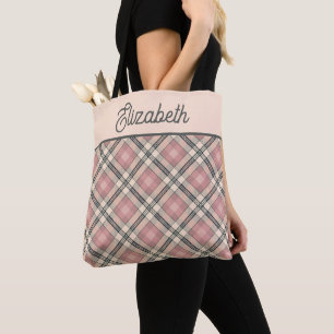 Bolso De Tela Preppy Rosa y Cuadro Negro