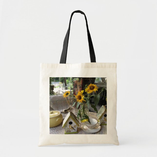 Bolso De Tela Presentación completa de girasoles y casas de aves (Frente)