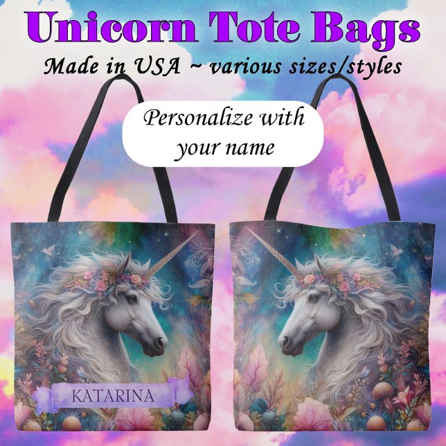 Bolso De Tela Pretty Floral Whimsical Unicorn Custom Name (Subido por el creador)