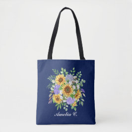 Bolso De Tela Pretty Modern Navy Sunflower & Wildflowers Design