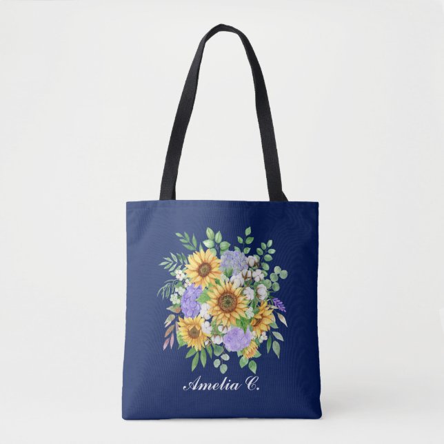 Bolso De Tela Pretty Modern Navy Sunflower & Wildflowers Design (Anverso)