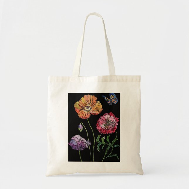 Bolso De Tela Pretty Poppies on Black Watercolour Painting (Frente)