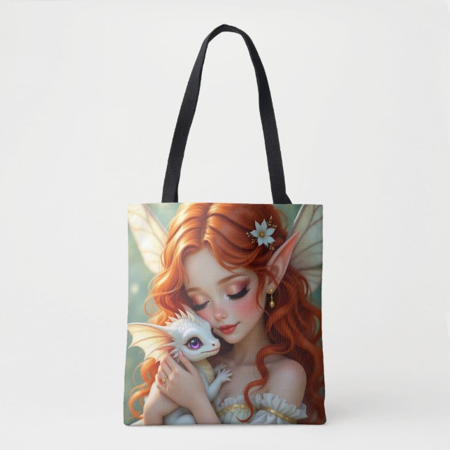 Bolso De Tela Pretty Red Haired Fairy with Dragon (Anverso)