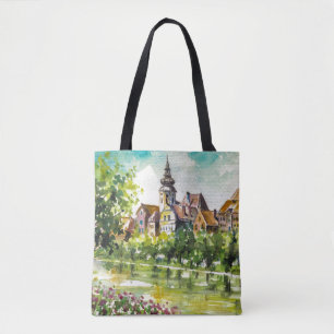 Bolso De Tela Primavera en pequeña ciudad en el río