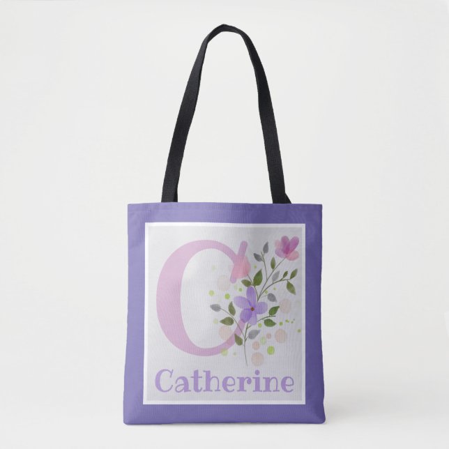 Bolso De Tela Primer nombre inicial más Catherine con flores (Anverso)