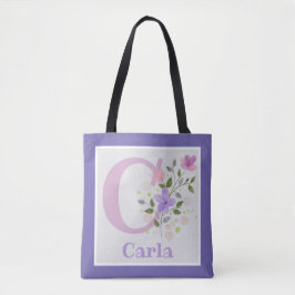 Bolso De Tela Primera Inicial Más Nombre Carla con Flores