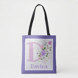 Bolso De Tela Primera inicial más nombre Davina con flores