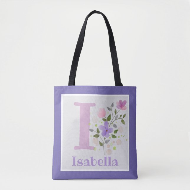Bolso De Tela Primera inicial más nombre Isabella con flores (Anverso)