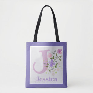 Bolso De Tela Primera inicial más nombre Jessica con flores
