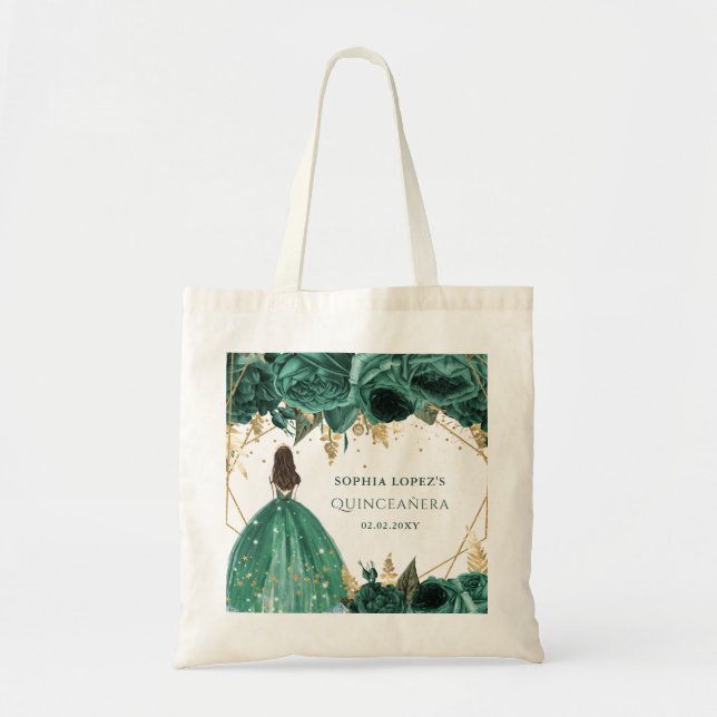 Bolso De Tela Princesa floral de oro verde esmeralda Quinceanera (Frente)
