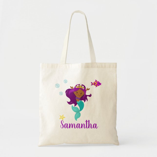 Bolso De Tela Princesa Mermaid Personalizada Afroamericana (Frente)