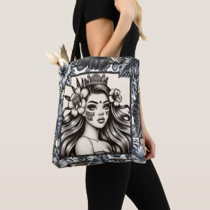Bolso De Tela Princesa Polinesia Floral Tribal Azul