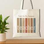 Bolso De Tela Profesor de Agradecimiento Personalizado<br><div class="desc">Esta Bolsa de Tote de la Maestra de Gracias está decorada con rayas en tonos tierra y la palabra Maestro en tipografía elegante. Personalizable fácil. Utilice la opción Personalizar adicional para cambiar el tamaño, estilo o color del texto si lo desea. Hace un regalo de agradecimiento perfecto para un profesor...</div>