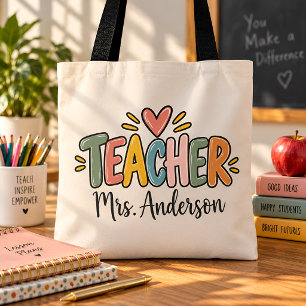Bolso De Tela Profesor Personalizado Retro Colorido Nombre Perso