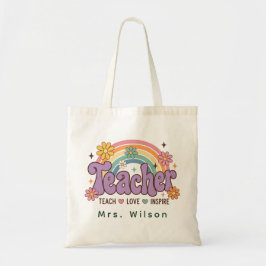 Bolso De Tela Profesor Personalizado Retro Daisy Arcoíris Nombre