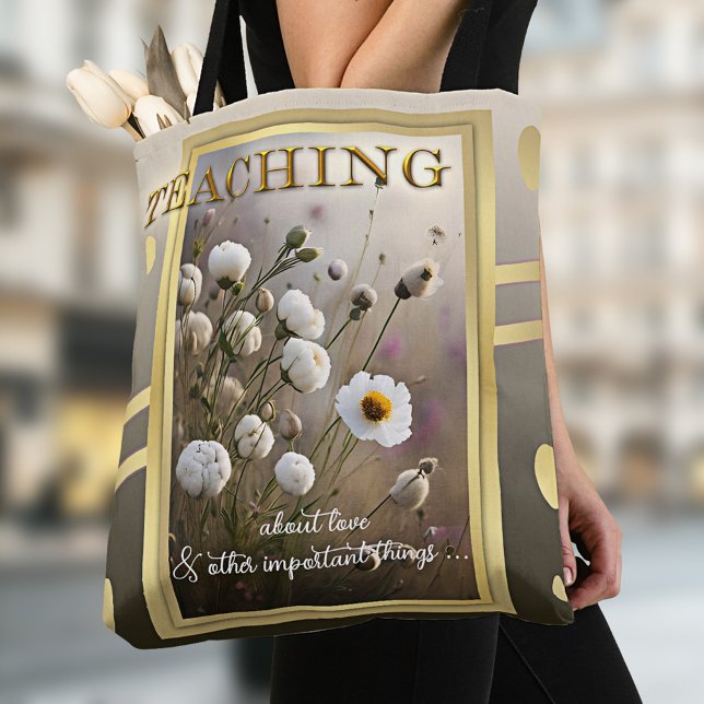 Bolso De Tela Profesora de Floral Gold Nature (Elegant tote bag featuring a field with flowers. The text is optional. Beautiful for a teacher)