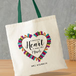 Bolso De Tela Profesora de gusano de biblioteca diciendo regalo<br><div class="desc">Gracias profesor por el bolso con un corazón hecho de libros escolares,  un dulce maestro diciendo,  y su nombre.</div>
