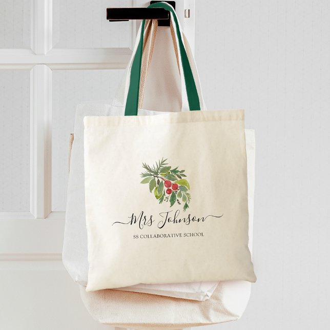 Bolso De Tela Profesores de acuarela y verde (Christmas Watercolor Greenery Teachers Tote Bag)