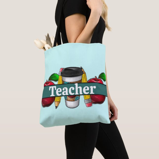 Bolso De Tela profesores de aqua y manzanas y lápices Verde azul (Detalle)